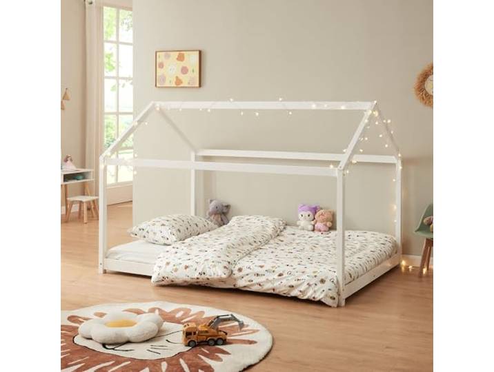 [en.casa] Kinderbett Cerro Hausbett Jugendbett Bettenhaus mit Lattenrost Montessori Bett aus massiver Kiefer Bettgestell 120x200cm Weiß