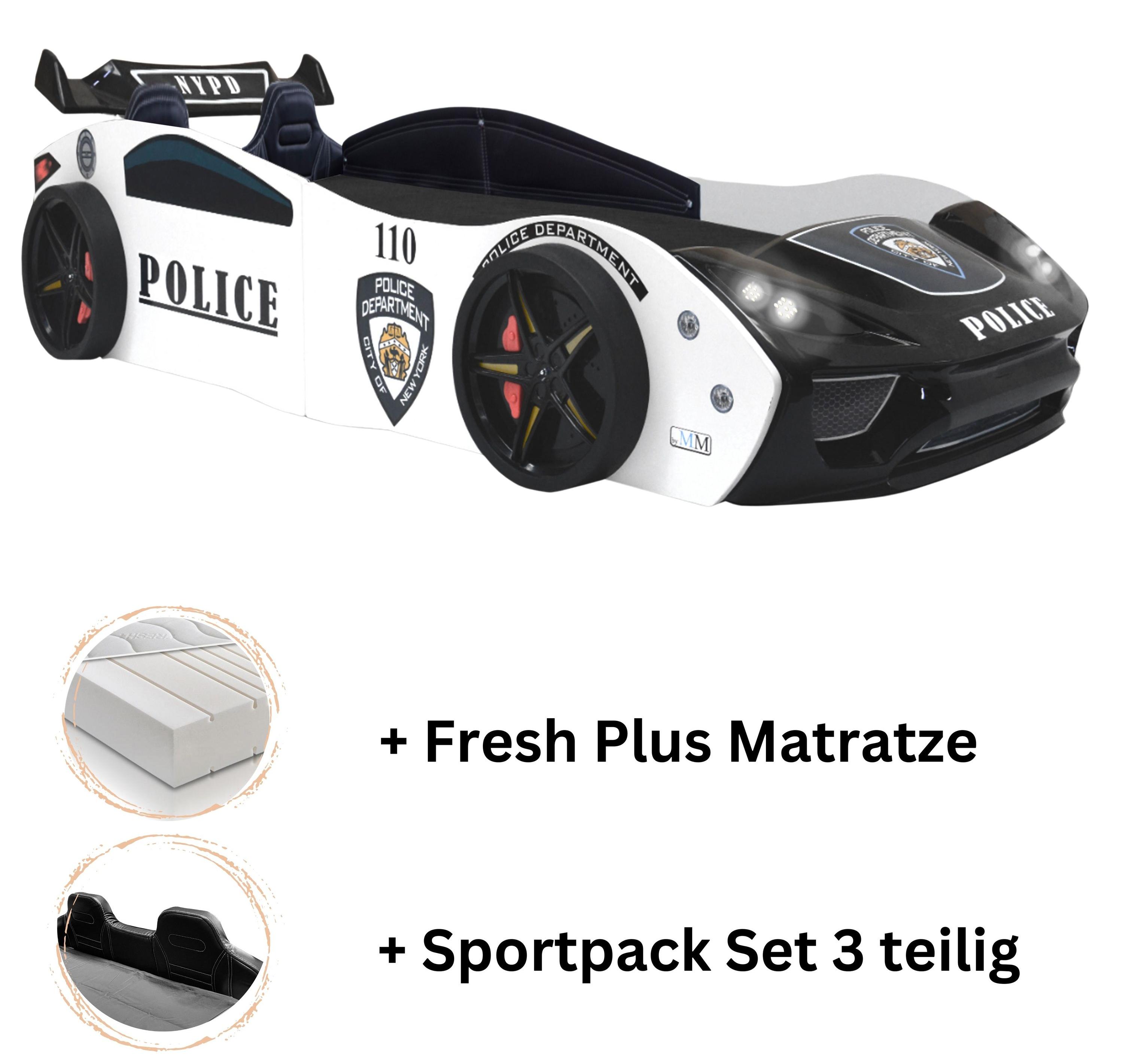 Autobett "Police"+Sportsitze Spielbett 90x200+Lattenrost+Fresh Matratze