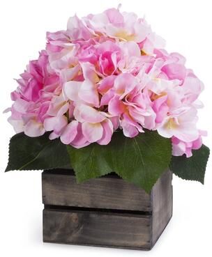 Enova Home Artificial Silk Hydrangea Fake Flowers Arrangement in Wood Planter for Home Office Wedding Decoration