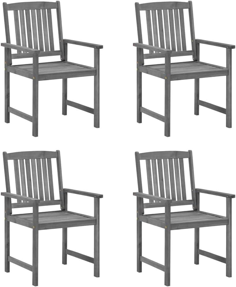 4 Gartenstühle aus massivem Akazienholz mit grauen Kissen, Latten-Design und Befestigungsschnüren, robust und stabil, bis maximal 110 kg pro Sitzplatz
