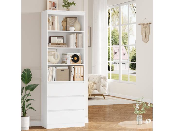 Getone bibliotheque Salon meuble de rangement Bibliothèque Haute Meuble de Rangement avec 3 Tiroirs 4 étagères pour Bureau Salon Cuisine 60x35x202cm Blanc/Noir/Chêne