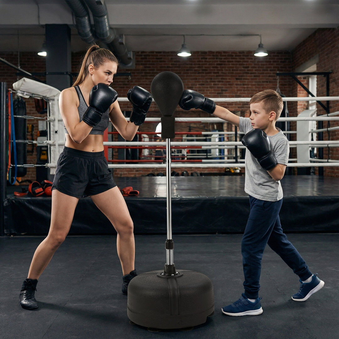 FXSGER Adjustable Boxing Ball Set for Home Training, Height 125-145cm, PU/PVC Ball 24x27cm, Stable HDPE Base, Steel Spring Stand, Portable Boxing Quick Equip