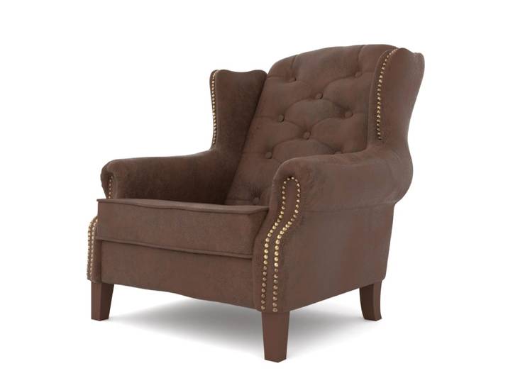 Fauteuil Chesterfield style vintage à oreilles en microfibre, marron