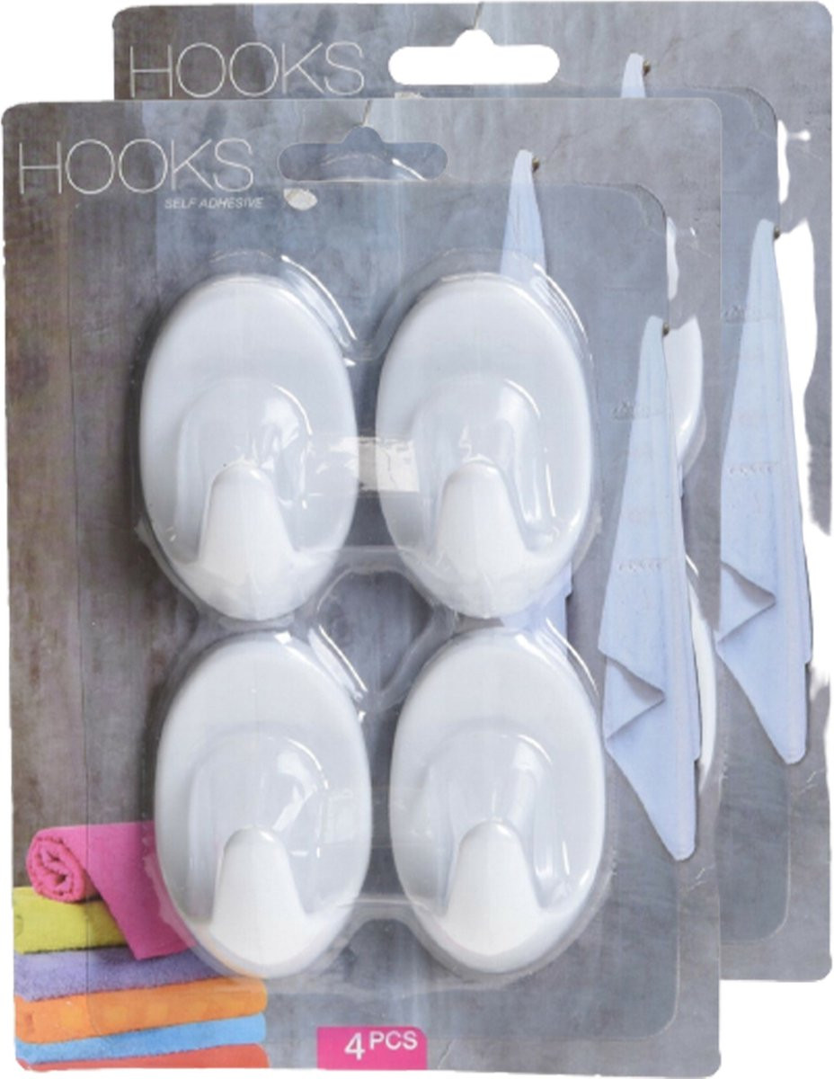Set van 8 zelfklevende kunststof ophanghaakjes voor de keuken, badkamer of kleding, wit