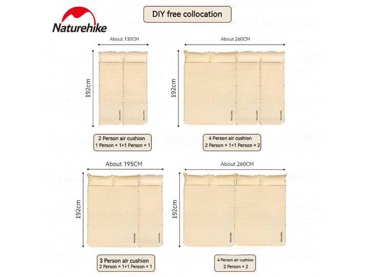 Naturehike 190T Pongee Tapis de couchage autogonflant d'extérieur avec oreiller pour 1 à 2 personnes, matelas pneumatique portable pour camping sans couture