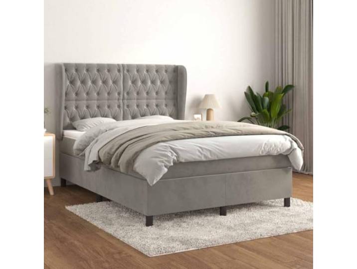 Xolmizyn Boxspringbett mit Matratze, Samt Bett 140x190 cm Hellgrau Inklusive Topper, Taschenfederkern, Höhenverstellbares Kopfteil