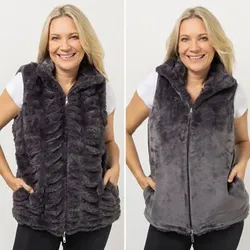 MONT CHALET wendbare Damen-Weste Fellimitat & Mikrofaser Chinchilla Stehkragen & Taschen