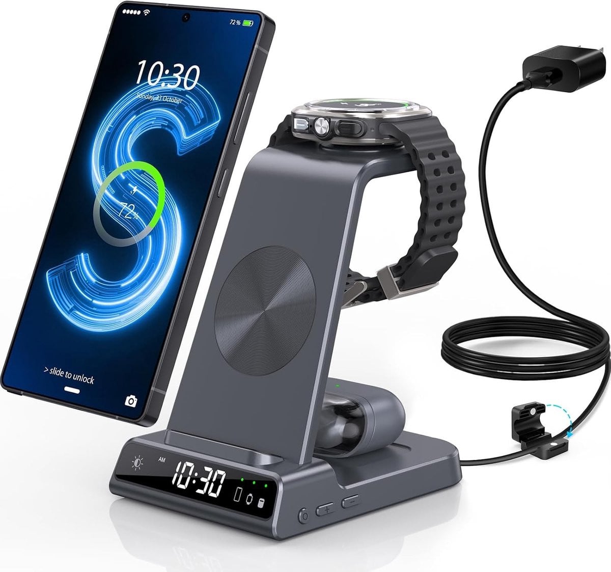 3-in-1 Draadloos Oplaadstation met Digitale Klok voor Samsung Galaxy S24, S23 en Galaxy Watch 6, Snelle Inductieve Oplader