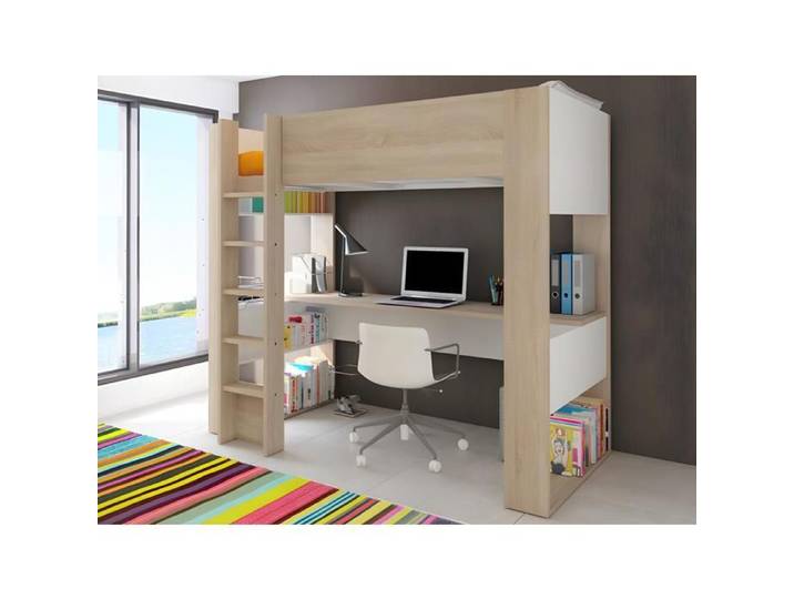 Lit mezzanine avec bureau et rangements intégrés - 90 x 200 cm - Chêne et blanc + matelas - NOAH II