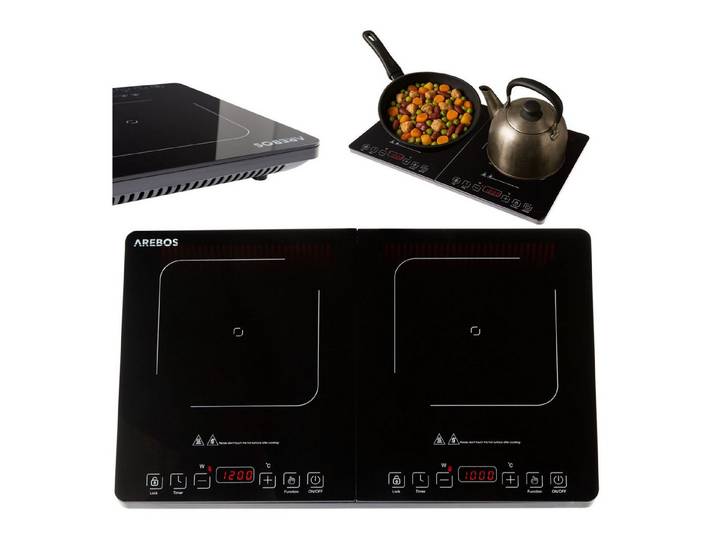 Arebos Doppel-Induktionskochplatte 3500W, 2 Kochzonen mit Touch-Display & Timer Überhitzungsschutz, Alle induktionsgeeigneten Kochutensilien