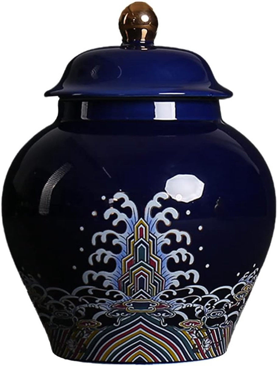 Blauwe handgeschilderde keramische pot met deksel voor decoratieve woondecoratie