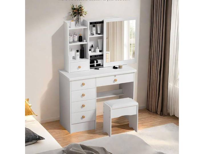 Coiffeuse avec miroir et tabouret - BIPLUT - 6 Tiroirs - Rangement Caché - Bois MDF - Poignées en Bois - 80x37x122 cm