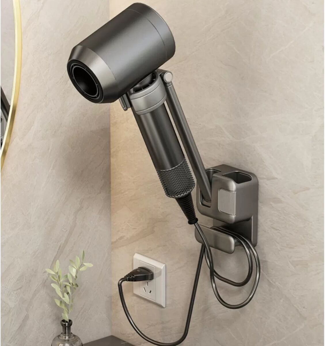 INF Grauer Haartrocknerhalter – Wandmontage, Badezimmer-Organizer ohne Bohren