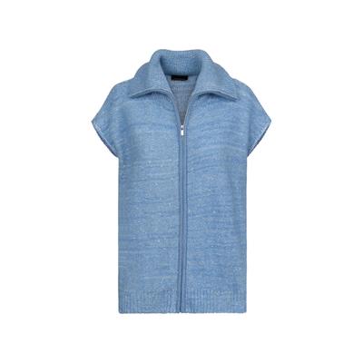 Strickjacke GOLDNER "Weste mit Reißverschluss, Umlegekragen", Damen, Gr. 5, blau (blau, melange), Modern, figurumspielend, V-Ausschnitt, Gerade, Strickjacken Strickjacke, Pailletten mit verstrickt
