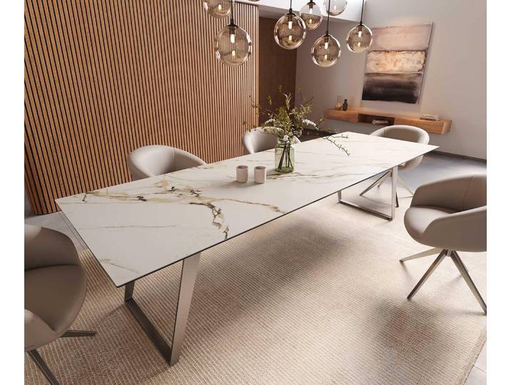 DELIFE Esstisch Edge 300x100 Keramik Calacatta Luxe Weiß-Gold-Grau Edelstahl Schräg