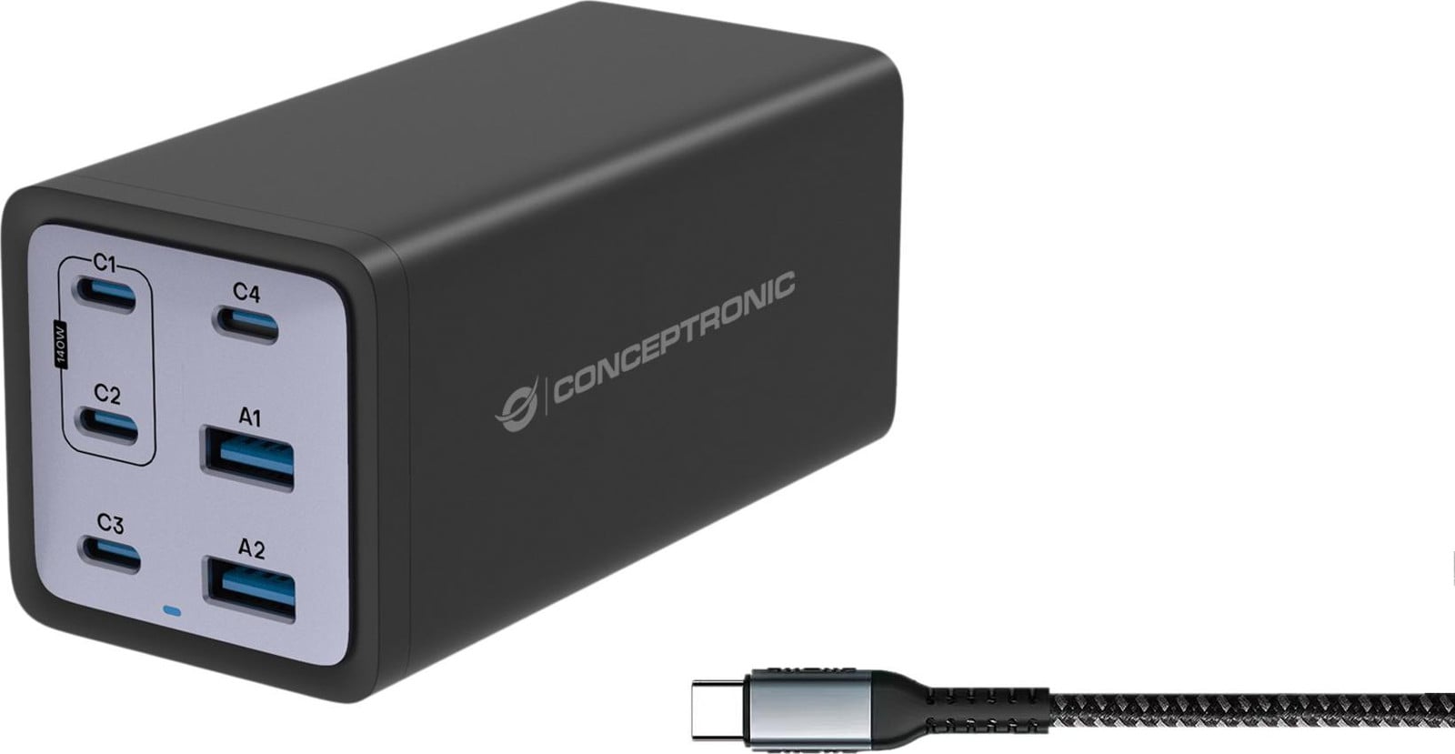 Conceptronic OZUL06BE Oplader met 6 poorten, 200W, 4x USB-C, 2x USB-A en 3-in-1 adapter