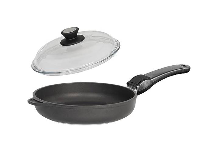 SKK kleine 2-tlg. Gusspfanne Ø 24 cm mit hohem Rand - ohne Induktion - beschichtete Pfanne Stiel abnehmbar & Vollglas Deckel - Made in Germany