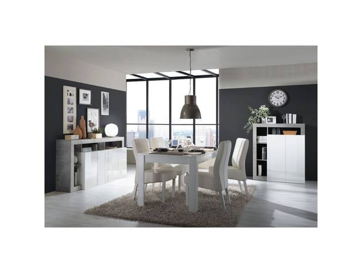ARTURO - Séjour Complet Table + Buffet 4P Blanc Laqué Niches Aspect Cimento