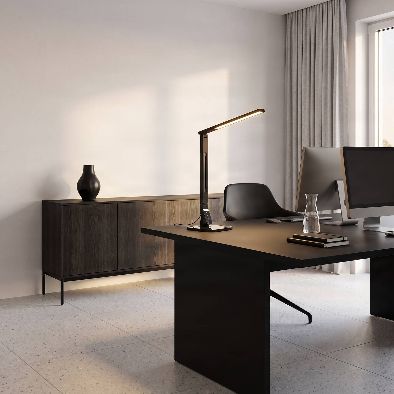 LED Tischleuchtelampe Eleni Lindby, dimmbar, schwarz, für Arbeitszimmer / Büro, Kunststoff, Modern