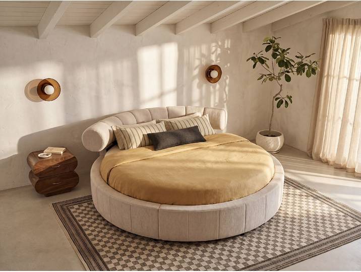 Rundes Bett 220 x 220 cm - Strukturierter Stoff - Beige ROGILA