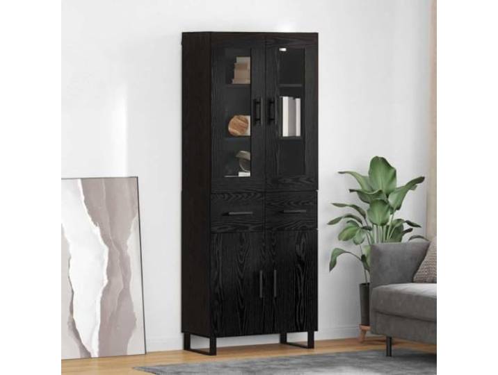 RJPLMFV Anrichte hoch, 2 Türen, Eiche, Schwarz, Holz, Spanplatte, Glas Aufbewahrungsmöbel für Wohnzimmer, modernes Design, Füße aus Eisen, Einlegeböden, Doppeltür