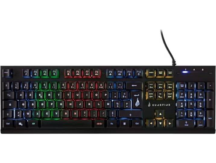 SureFire Kingpin X2 Gaming-toetsenbord, Frans, gaming multimedia-toetsenbord met verlichting, RGB-toetsenbord met aluminium voorpaneel, 25 anti-ghosting-toetsen, Franse lay-out AZERTY