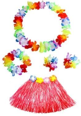 Useful Little Things Hawaiian Dance Child Skirt With Leis Costume 15.7 Inch Elastic Luau Grass Skirt Flower Bracelets Headband Necklace Set 5pcs Red 15.7 In