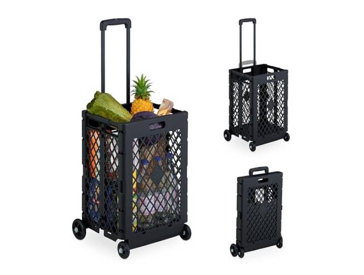 Relaxdays Chariot de Courses Pliable\, Caisse sur roulettes\, 25 kg\, poignée télescopique\, grillagé\, Noir