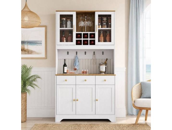 Buffet haut avec vitrine - ZEVKOR - 94 5x30x175 5 cm - 5 portes - 3 tiroirs - Blanc aspect bois