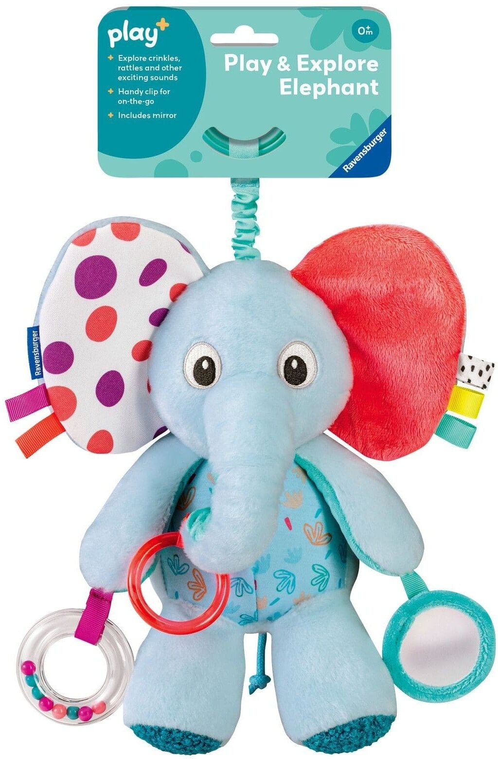 Ravensburger Play+ Play ; Explore Elephant Sensory Plush Toy for Birth/Infant - Soft Blue Elephant with Crinkle Sounds & Textures
