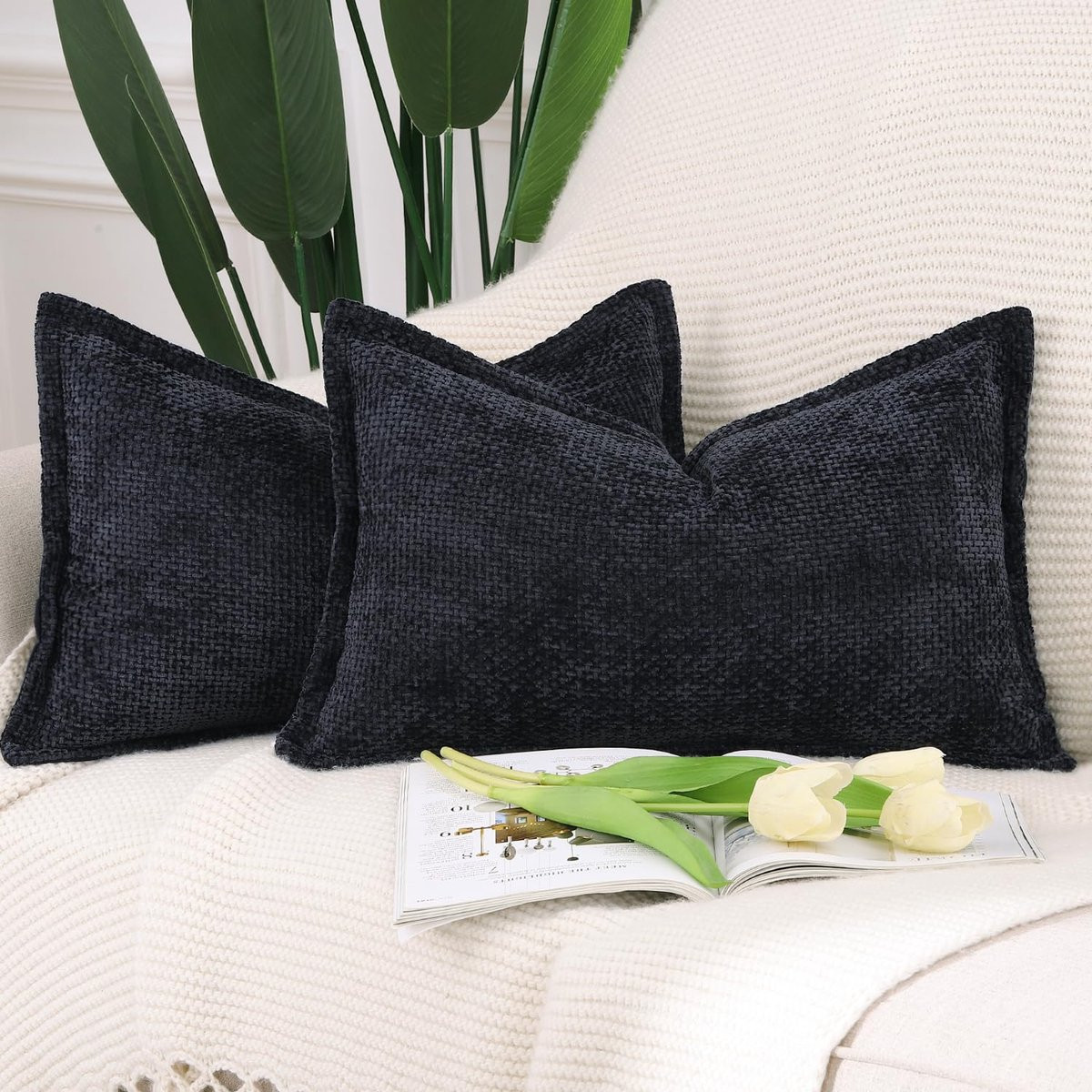 Ibenzoa Set van 2 Zachte Decoratieve Kussenhoezen van Chenille Fluweel, Zwart, 40 x 80 cm