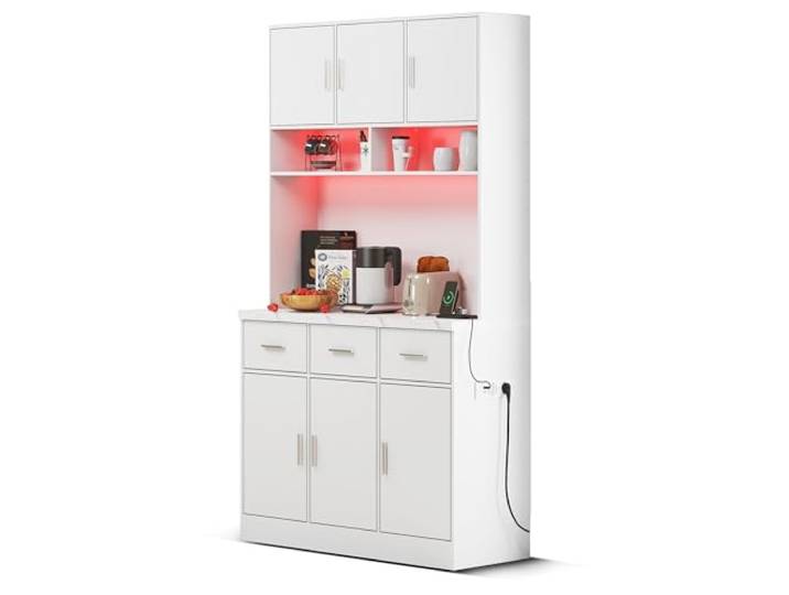 FurnitureR Küchenhochschrank, hoher Küchenschrank 100 x 40 x 180 cm, Weiß, MDF Vorratsschrank mit 6 Türen und 3 Schubladen, APP-LED, Steckdosenleiste, für Vorräte, Geschirr und Haushaltsgeräte