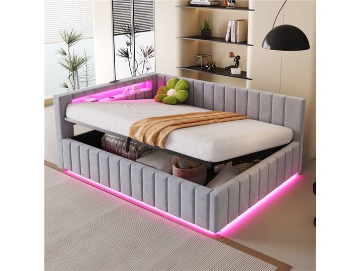 lit bed 140x200 with storage LED light and USB charging port with headboard and robuste bed cadre grey velours fabric