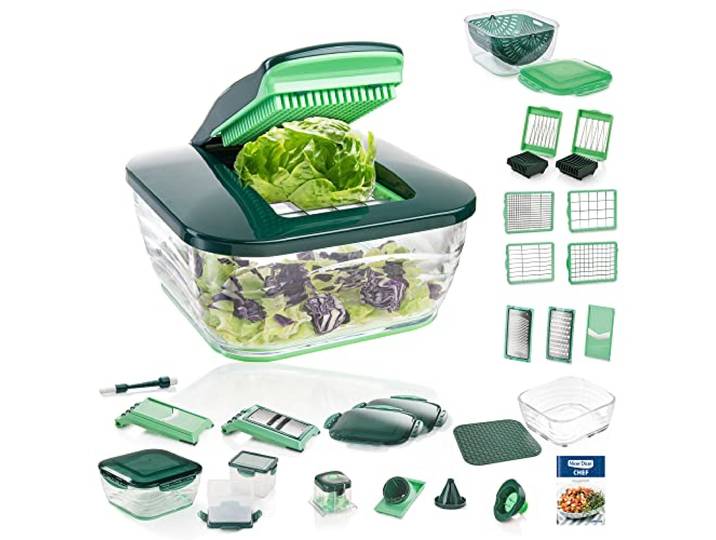 Genius Nicer Dicer Chef Deluxe XXL 37-teilig mit Glasschüssel-Set, Tomaten-Gemüse-Schneider & 3in1 Siebschüssel - Zerkleinerer Zwiebelschneider Pommesschneider, Grün