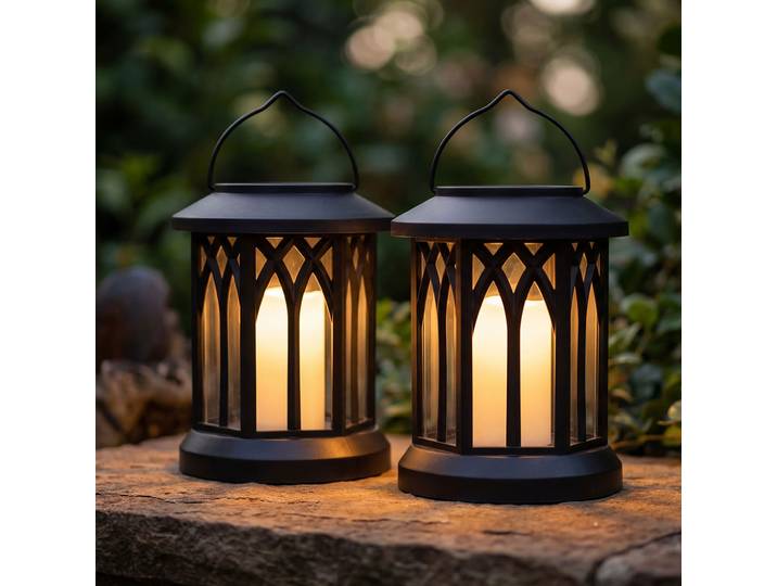 2er LED Solar Retro Laterne, Flammeneffekt, schwarz