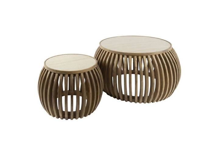 Feeling4Home Couchtisch 2er-Set Couchtisch Tratin - Mangoholz massiv Braun, Rund (2er-Set), Abgerundete Lamellenoptik und Travertin-Optik