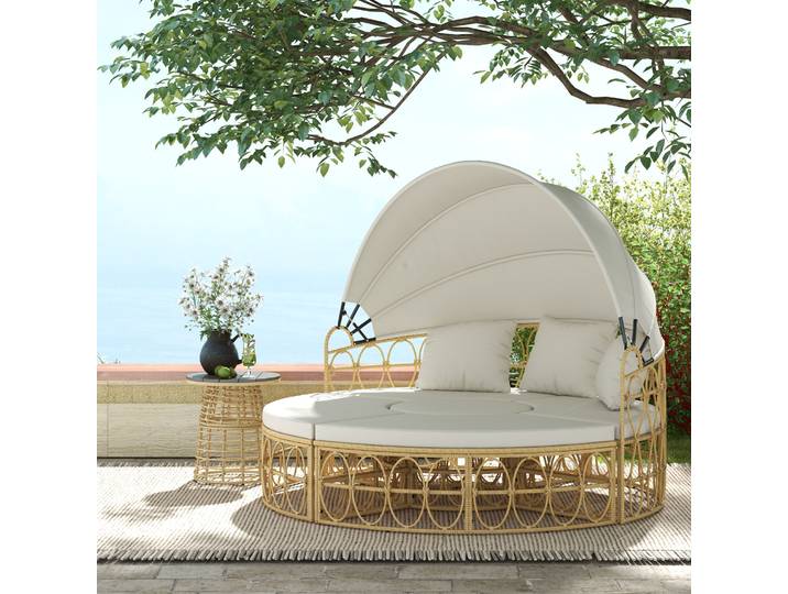 Outsunny Îlot de Soleil 4 Pièces Rotin Beige avec Auvent Rétractable