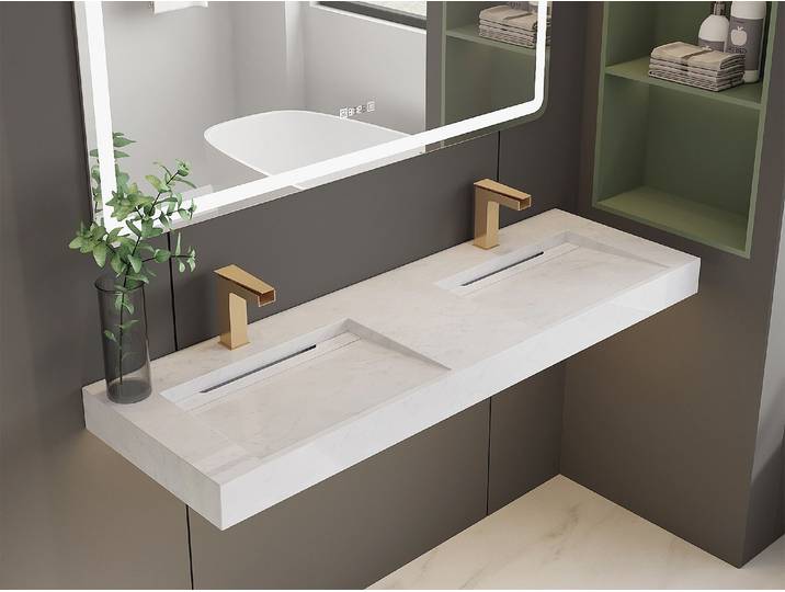 Doppelwaschbecken hängend - 140,2 x 45,2 x 8 cm - Weiß mit Marmor-Optik - KODIAK