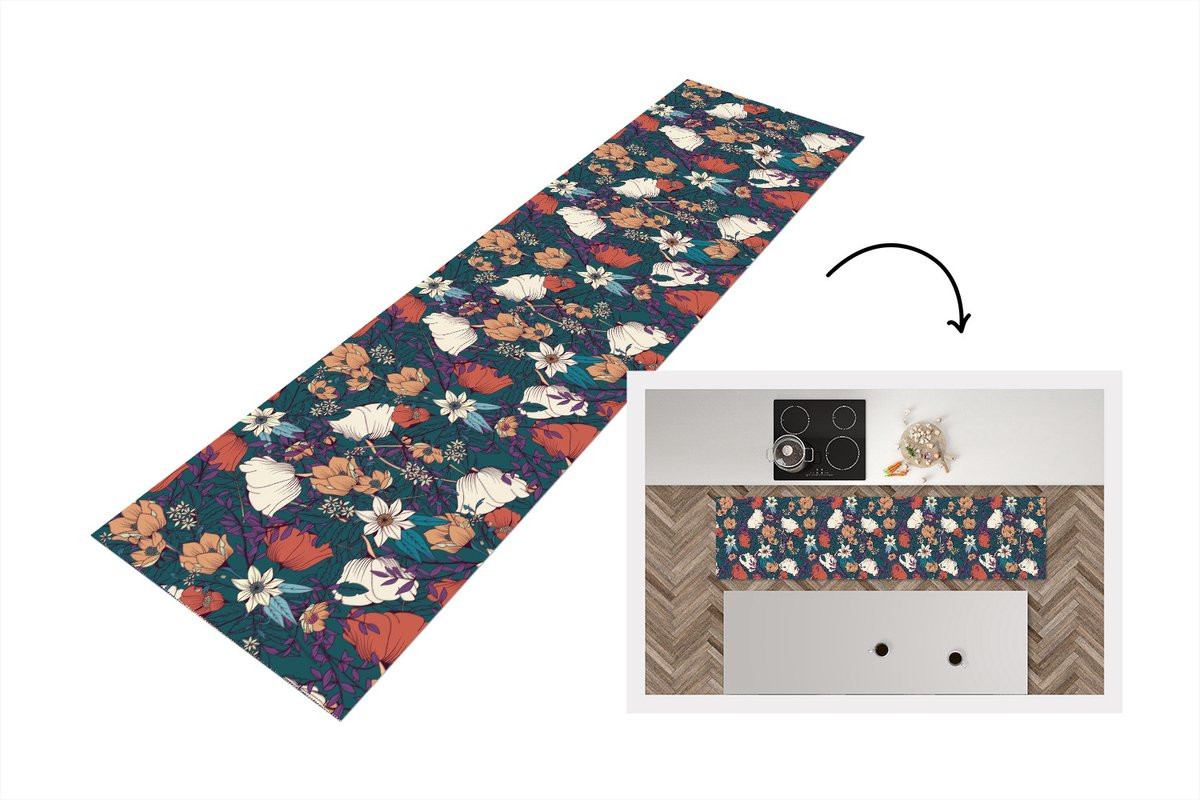 KitchenYeah Keukenloper Vinyl met Botanisch Bloemenmotief - 200 x 50 cm