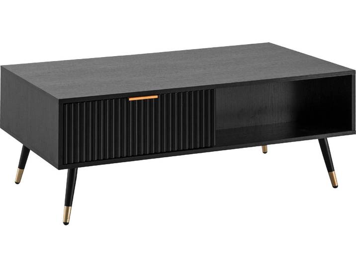 Table basse WOHNLING 110x60x43 cm noire avecReproduction chêne Table de salon Table basse rectangulaire avec espace de rangement Table basse avec tiroirs Table de salon