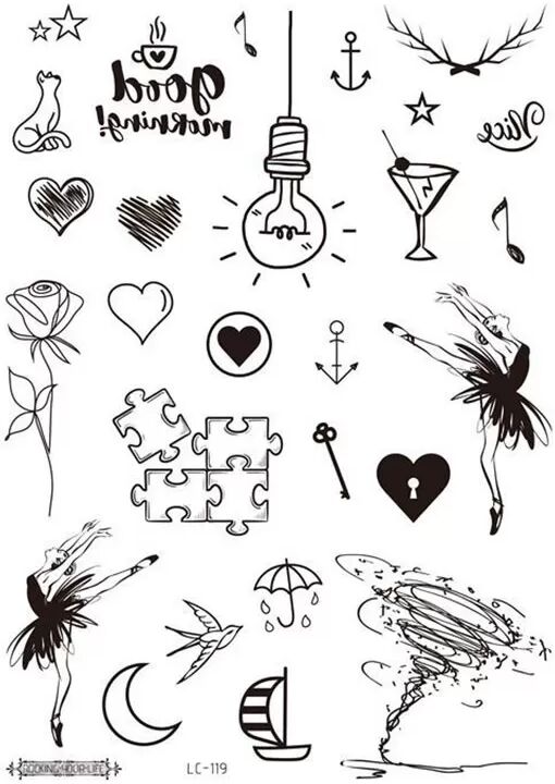 INF Ma Long Tattoo-Aufkleber   Temporäre Tattoos   5er-Pack Tänzerin, Puzzle, Glühbirne
