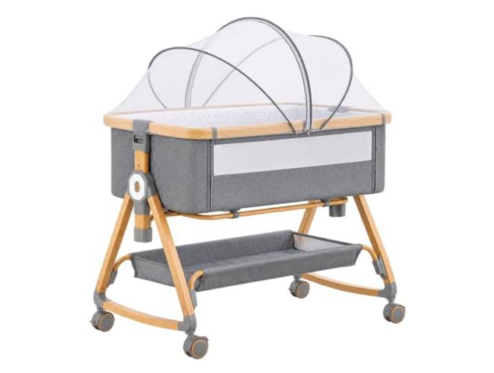 Playpals 3-in-1 Babybett, 4 Rollen mit Bremsen, 6 Höhenstufen, bis 25 kg 7° sanftes Schaukeln, 6 Höhenstufen, abnehmbares Moskitonetz, 4 leise Lenkrollen mit Bremsen, Ablagekorb, 0–24 Monate