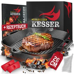 KESSER® Gusseisenpfanne   Gusseisen Bratpfanne Induktion   Cast Iron Pan für Gasgrill, Backofen, Kohlegrill   Steakpfanne voreingebrannt   Inkl. Schutzgriffe, Rezeptbuch und Ringreiniger