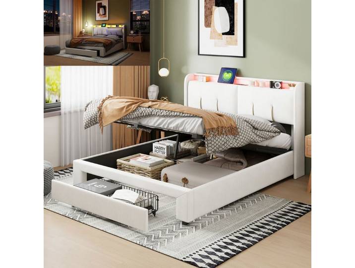 Lit 140x200 cm - LED - tissu en velours - cadre de lit adulte 140x200 cm - 140x200 cm - blanc cassé