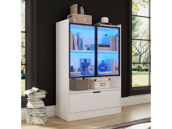 Vitrine LED blanche pour salon avec portes en verre trempé 120 cm