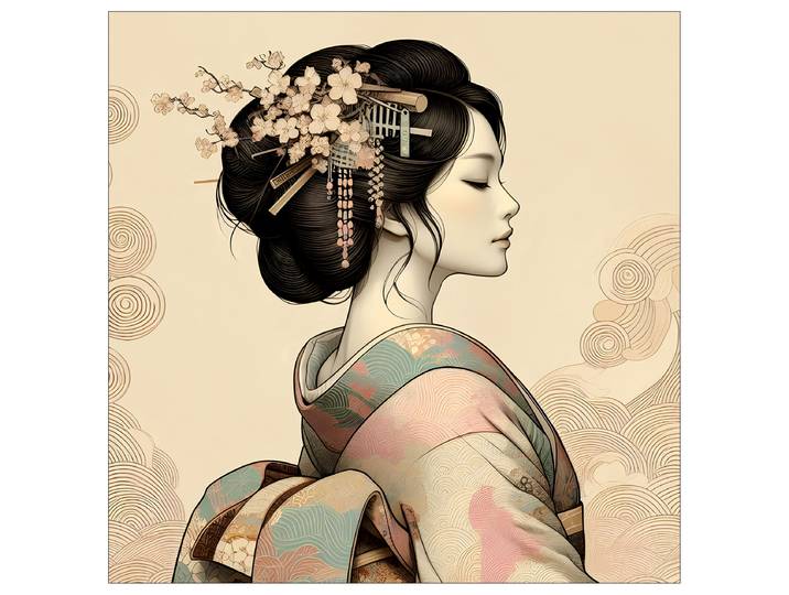 Tableau Geisha VI Cadre : panneau de fibres de bois MDF Revêtement : toile Beige/Noir 40 x 40 x 2cm