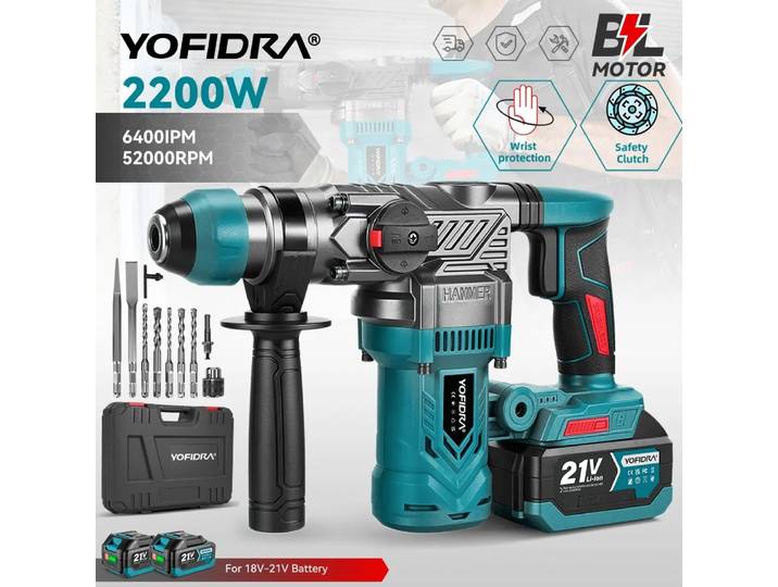 Marteau perforateur électrique sans fil YOFIDRA Brushless 2200w, visseuse multifonctionnelle, outil rotatif compatible avec batterie Makita 21V