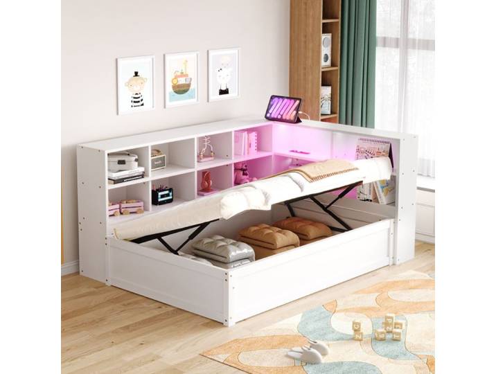 Lit multifonction en bois blanc avec rangement prise intégrée et LED