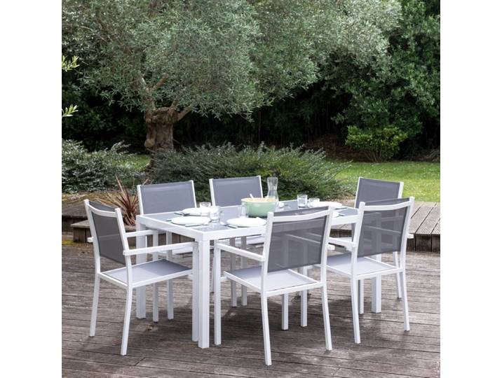 Salon de jardin BERGAMO en textilène gris 6 places - aluminium blanc