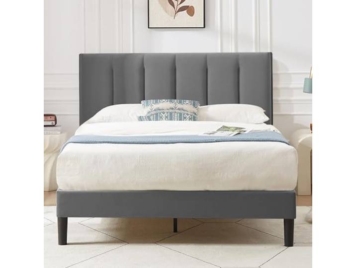 VECELO Polsterbett 140x200 cm, Doppelbett mit höhenverstellbarem Samt-Kopfteil, stabiles Bettgestell mit Massivholzlattenrost, geräuscharme Konstruktion, bis 370 kg belastbar, Grau